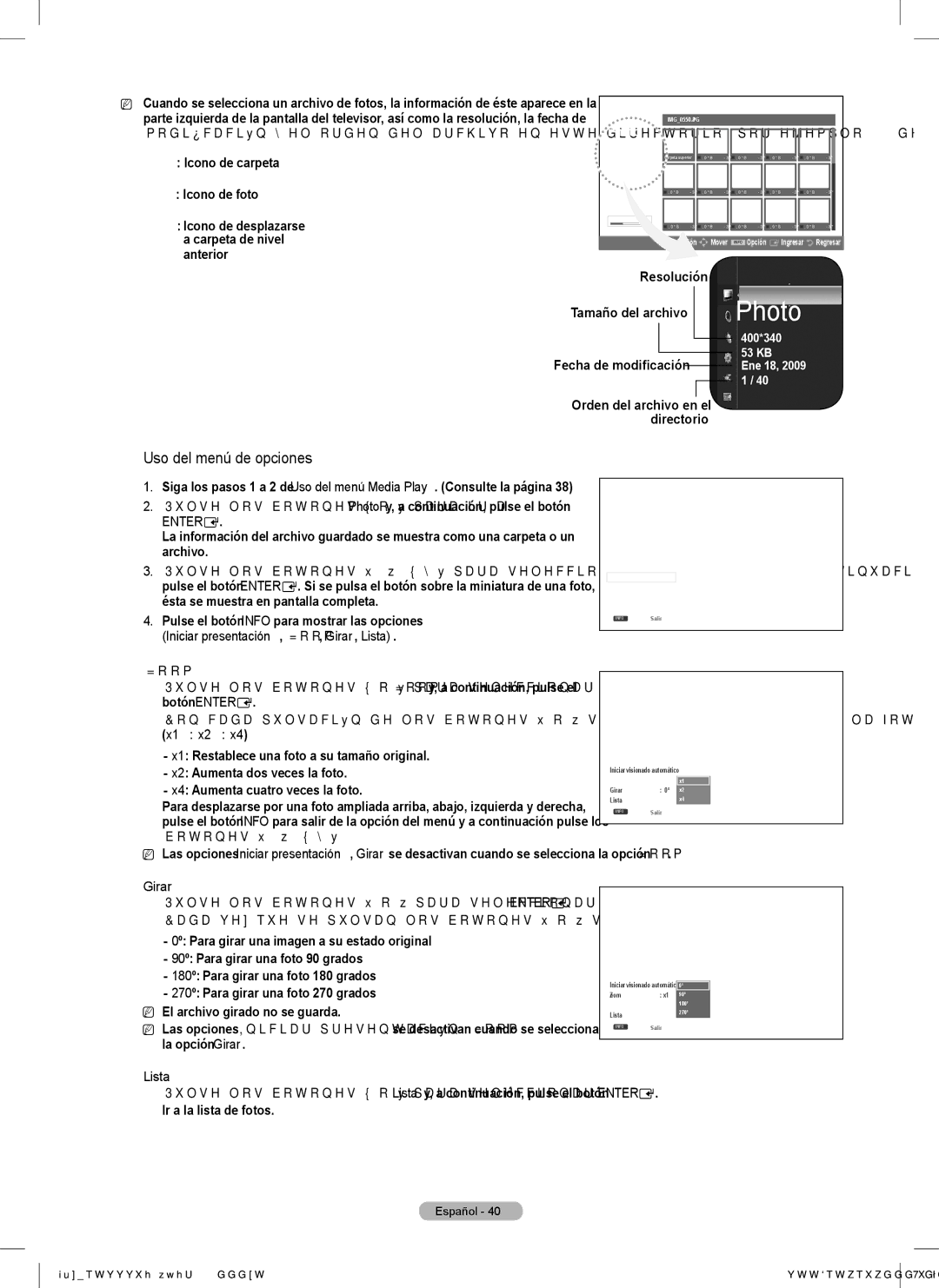 Samsung PN58B550T2F, PN50B550T2F, PN50B560T5F, PN63B590T5F, PN63B550T2F, PN58B560T5F Uso del menú de opciones,  Girar 