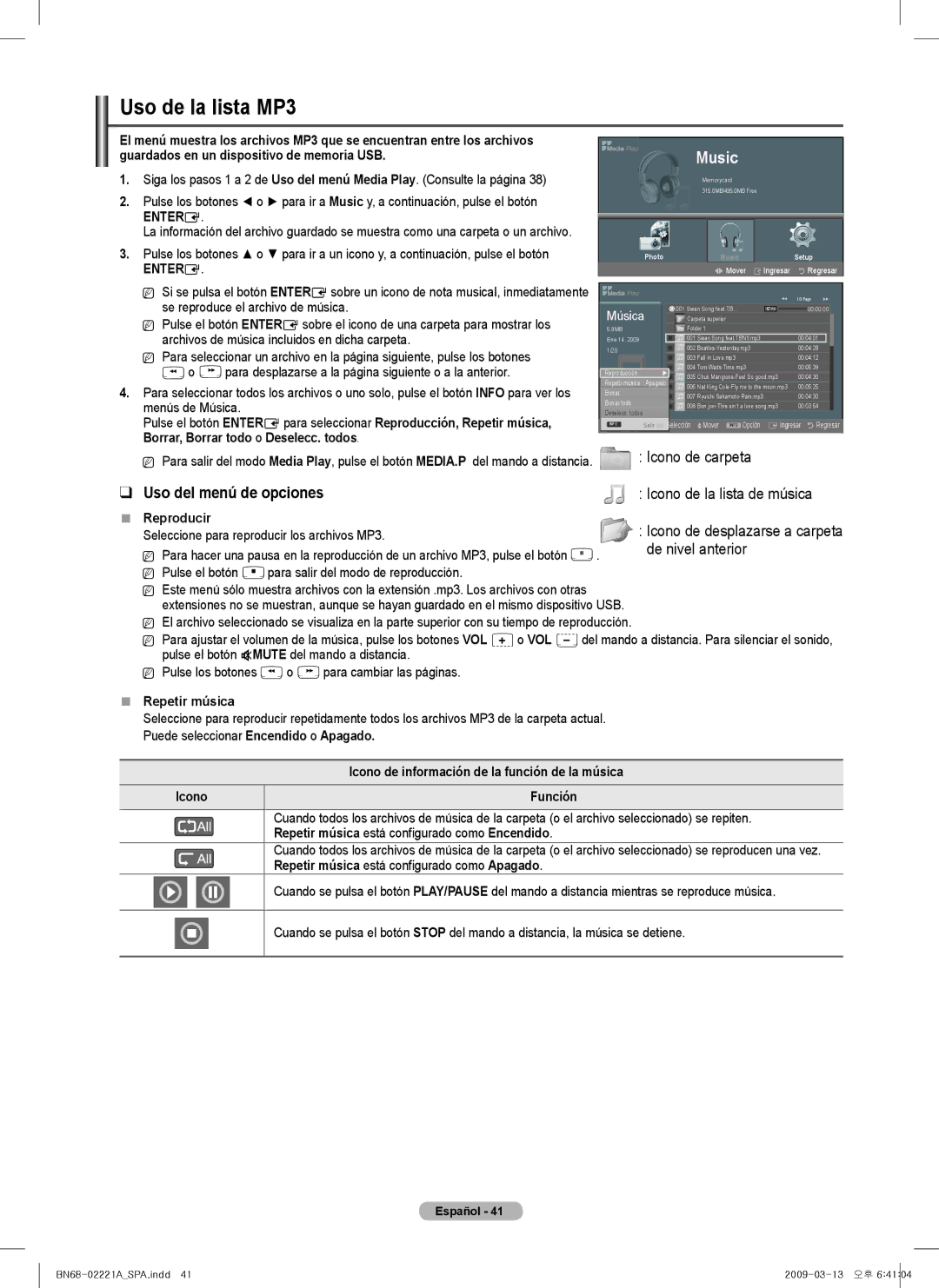 Samsung PN63B590T5F, PN50B550T2F, PN50B560T5F, PN58B550T2F, PN63B550T2F, PN58B560T5F user manual Uso de la lista MP3 