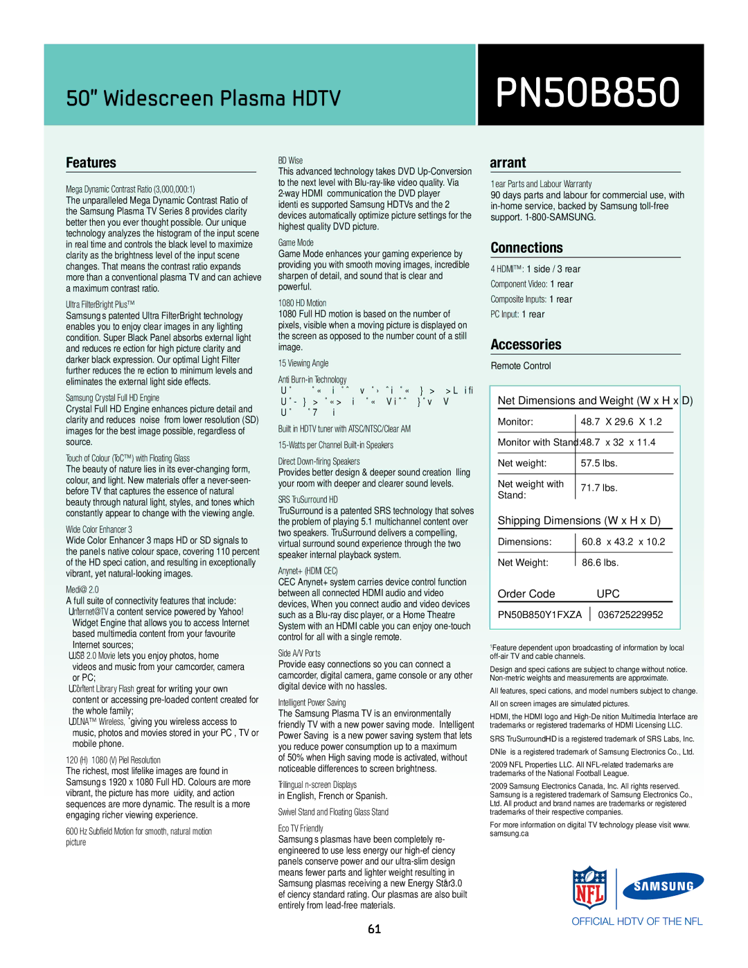 Samsung PN50B850 manual Features, Warranty, Accessories 