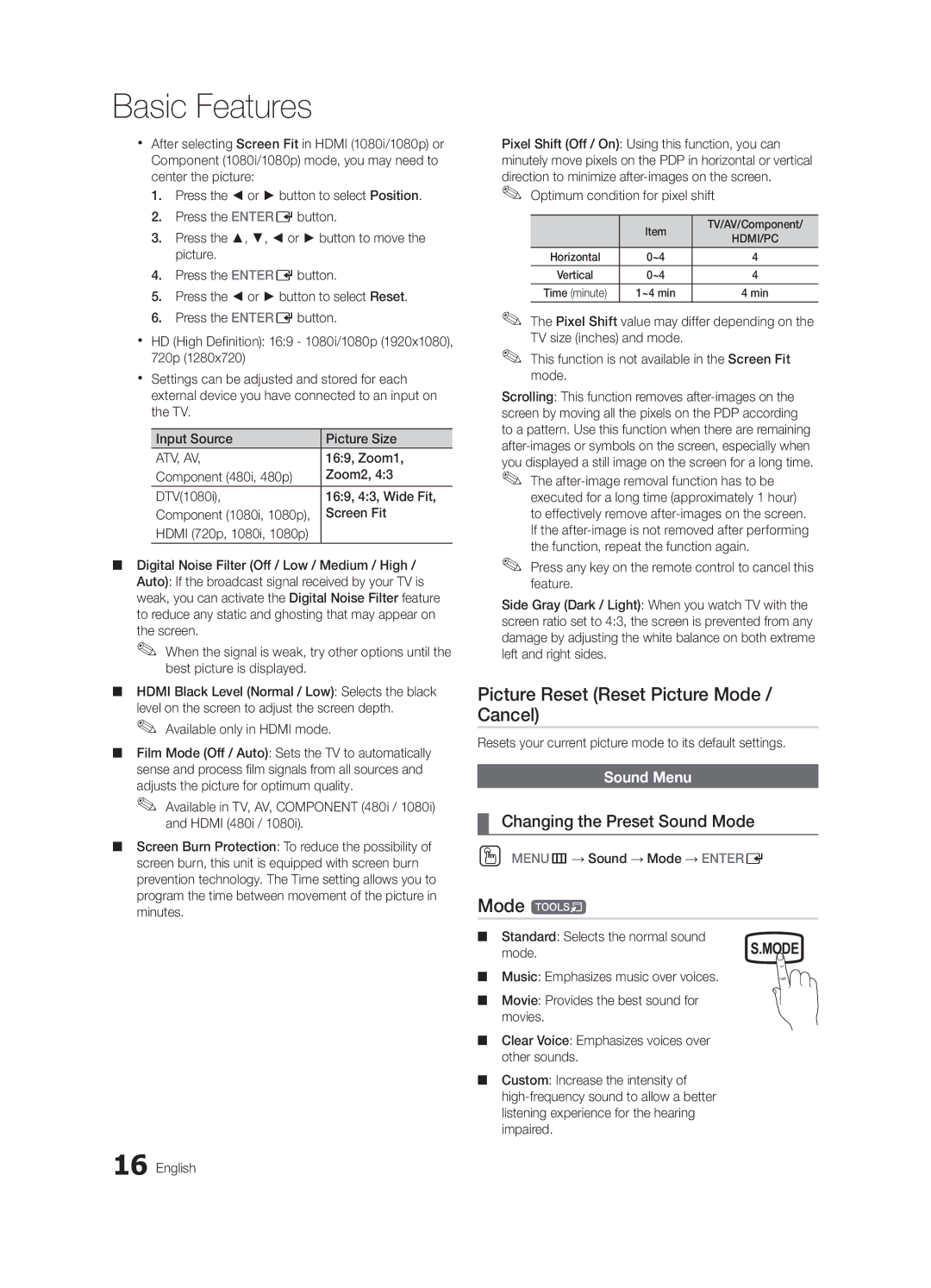 Samsung PN50C430, PN42C430 user manual Picture Reset Reset Picture Mode / Cancel, Mode t, Sound Menu 