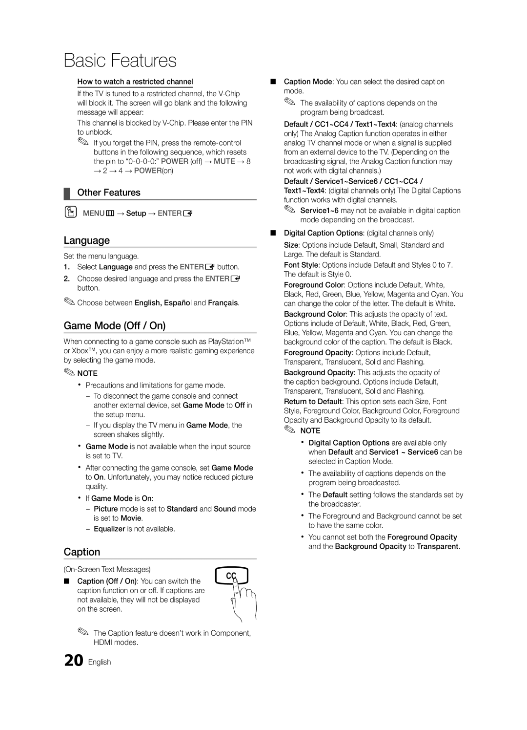 Samsung PN50C430, PN42C430 user manual Language, Game Mode Off / On, Caption, → 2 → 4 → POWERon, OO MENUm→ Setup → Entere 