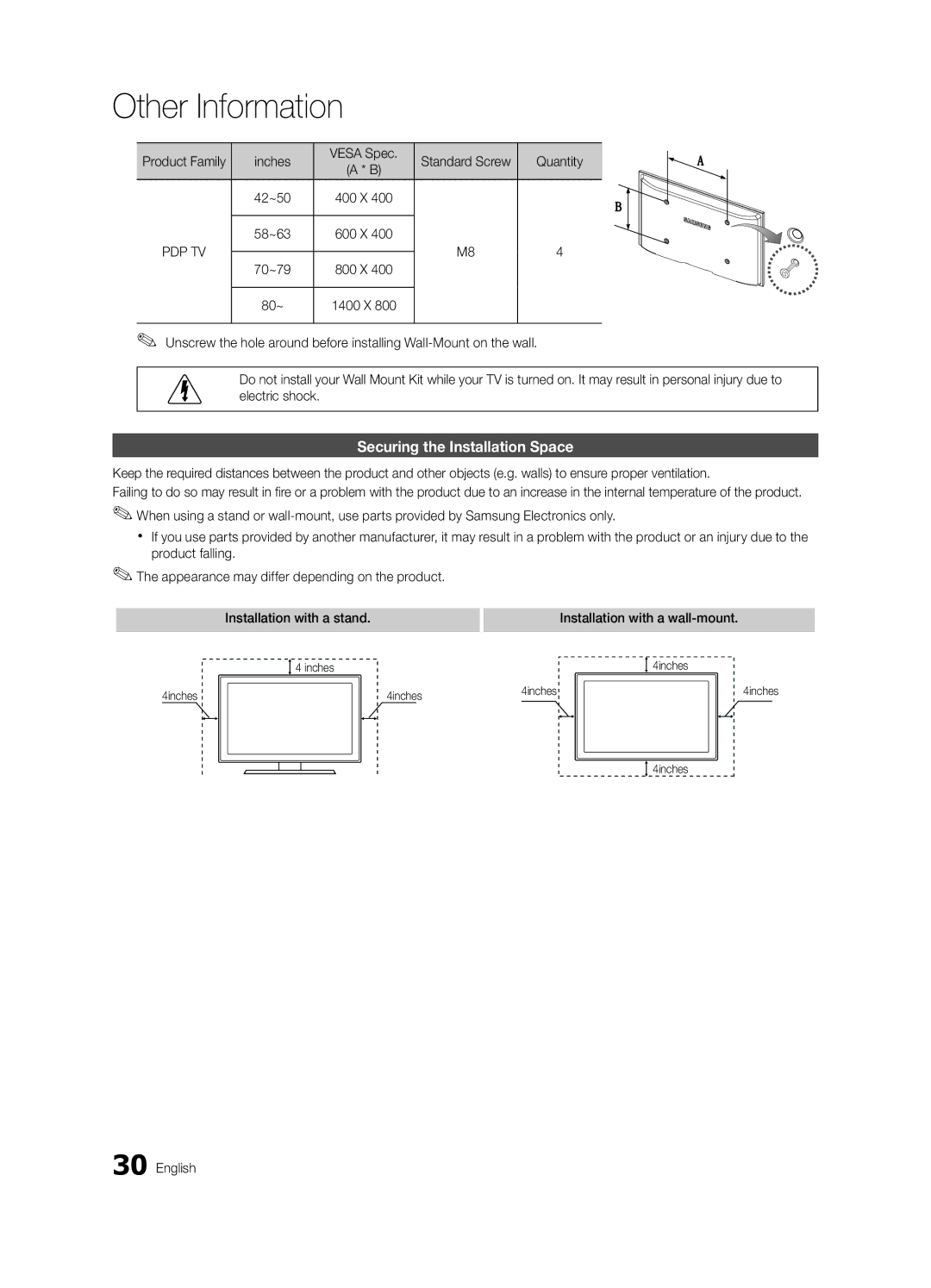 Samsung PN50C430, PN42C430 user manual Securing the Installation Space, Product Family Inches Vesa Spec, Quantity, 80~ 