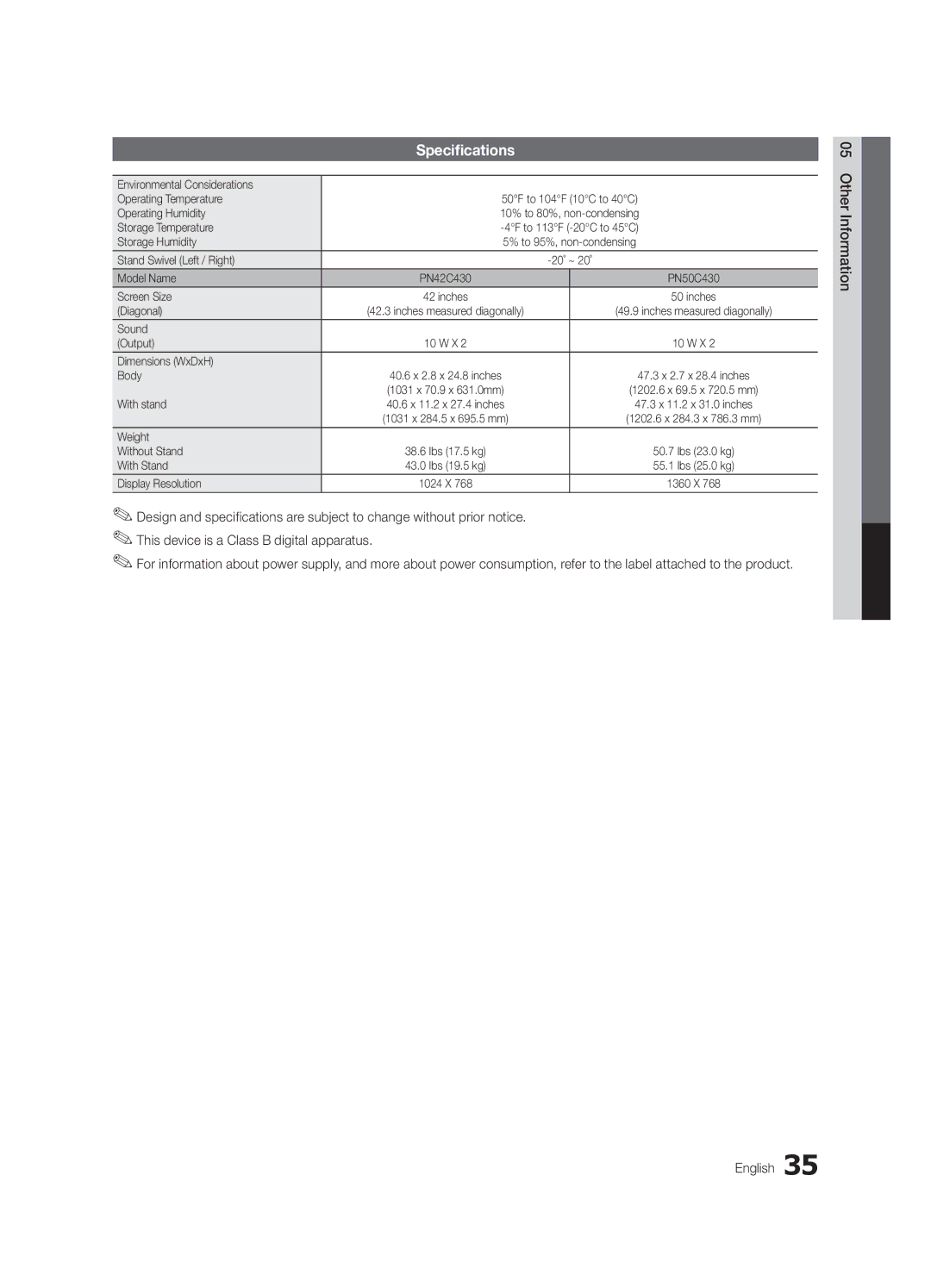 Samsung PN42C430, PN50C430 user manual Specifications 