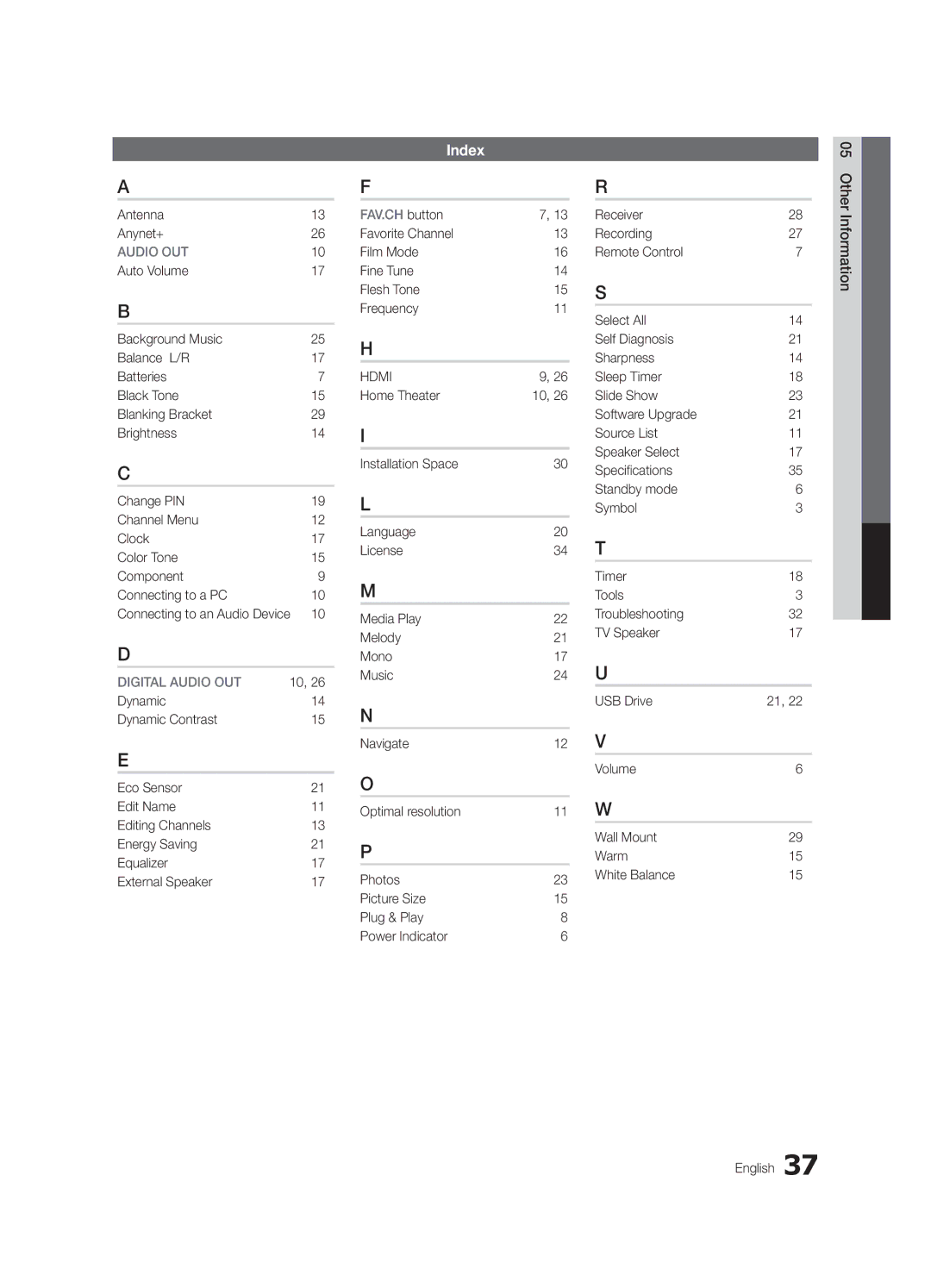 Samsung PN42C430 Index, Antenna Anynet+, Digital Audio OUT, Favorite Channel Film Mode Fine Tune Flesh Tone Frequency 