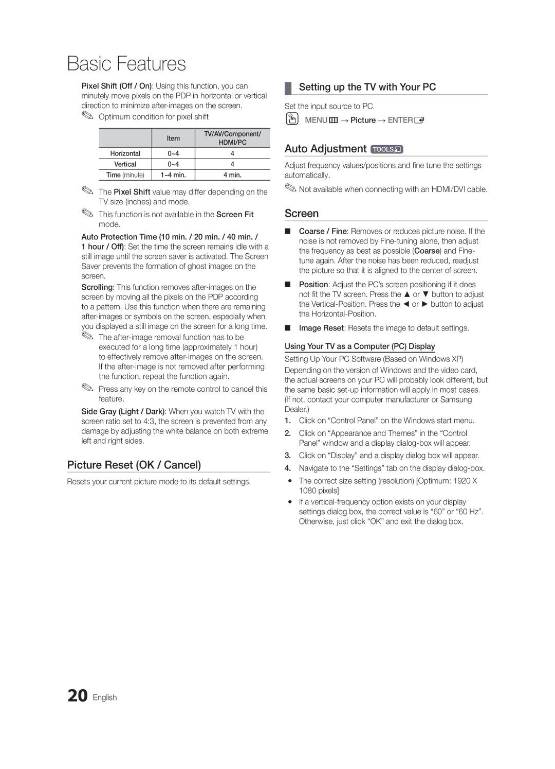 Samsung PN50C550, PN50C590, PN58C540 Picture Reset OK / Cancel, Auto Adjustment t, Screen, Setting up the TV with Your PC 