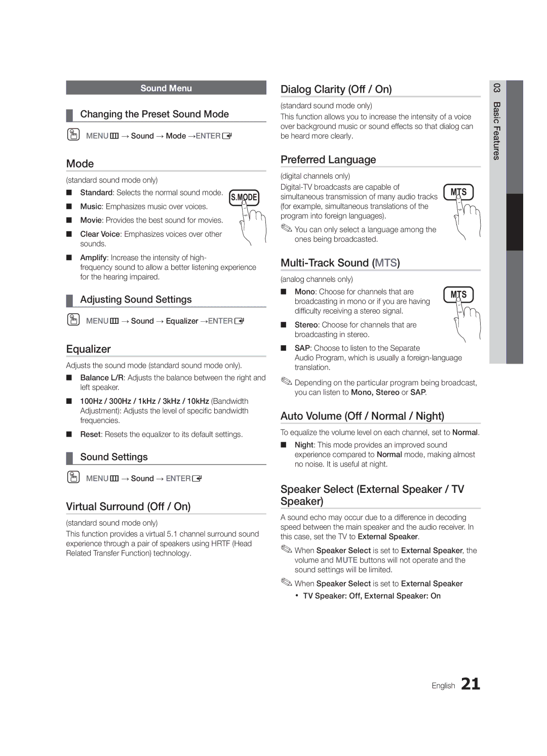 Samsung PN50C590 Dialog Clarity Off / On, Equalizer, Virtual Surround Off / On, Preferred Language, Multi-Track Sound MTS 