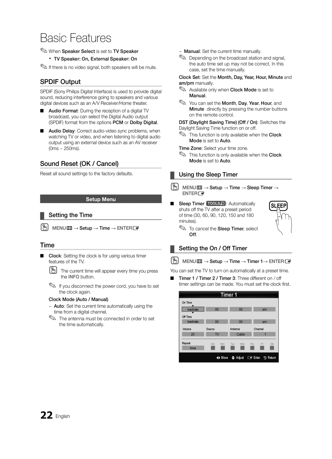 Samsung PN58C540, PN50C550, PN50C590, PN58C550, PN58C590 user manual Spdif Output, Sound Reset OK / Cancel, Time 