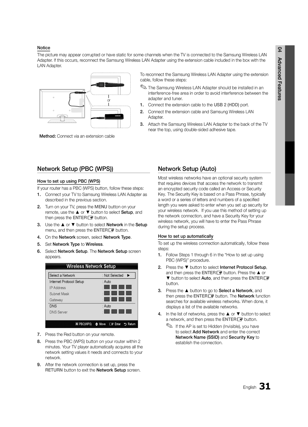 Samsung PN50C590, PN50C550, PN58C540, PN58C550, PN58C590 user manual Network Setup PBC WPS, Wireless Network Setup 