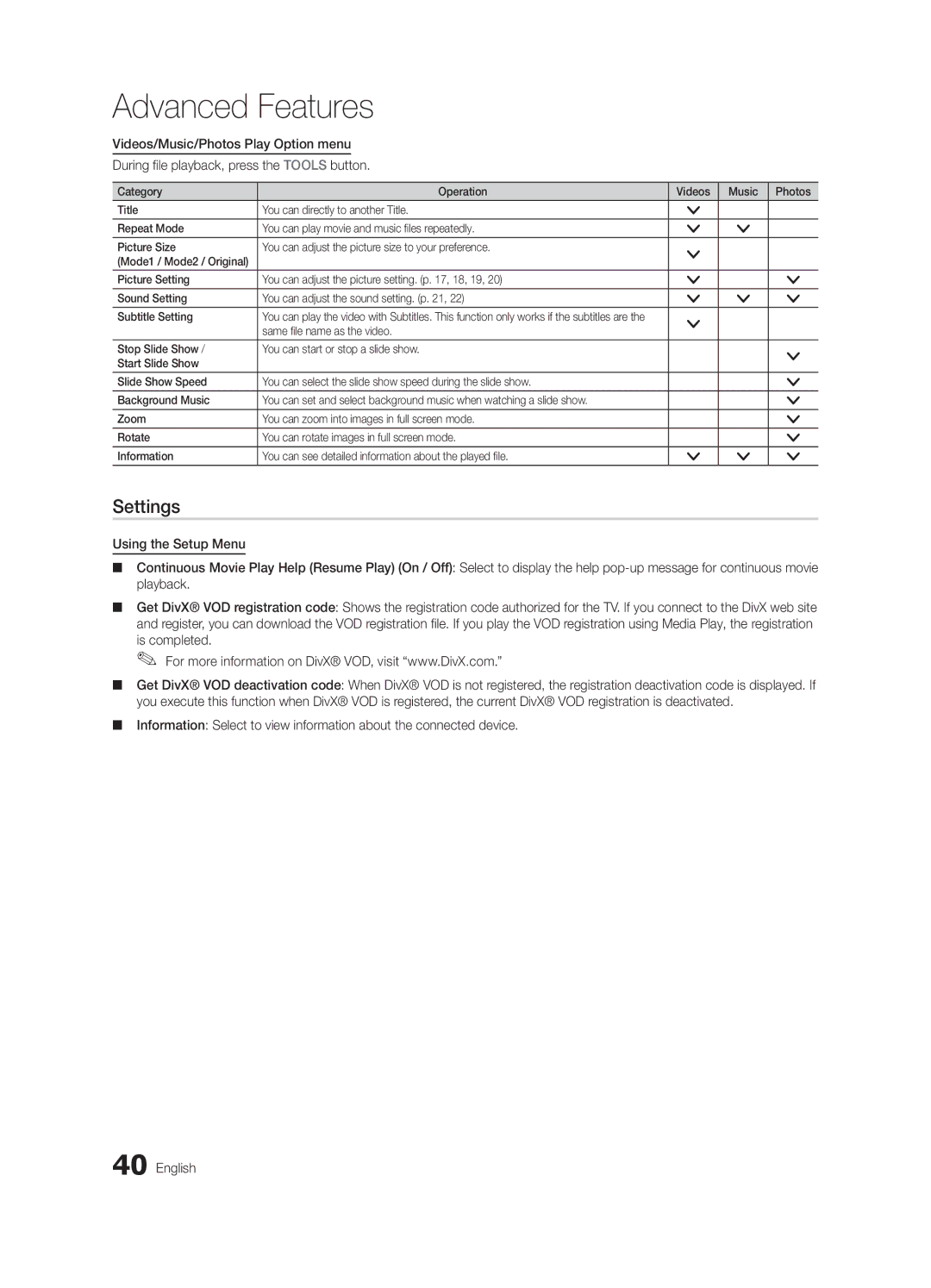 Samsung PN50C550, PN50C590, PN58C540, PN58C550, PN58C590 user manual Settings 