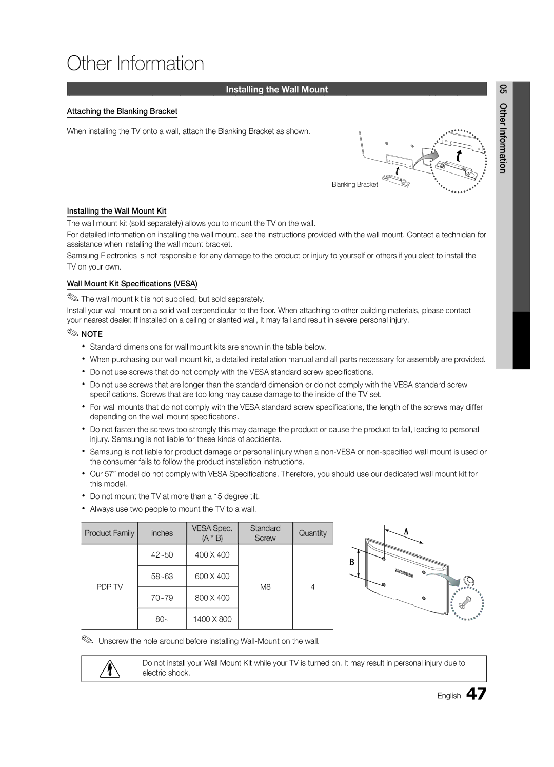 Samsung PN58C540, PN50C550, PN50C590 Installing the Wall Mount, Product Family Inches Vesa Spec Standard Quantity, 80~ 