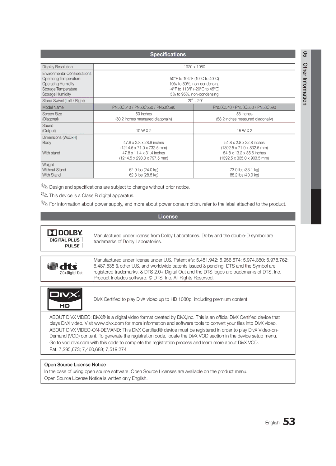 Samsung PN58C550, PN50C550, PN50C590, PN58C540, PN58C590 user manual Specifications, License 