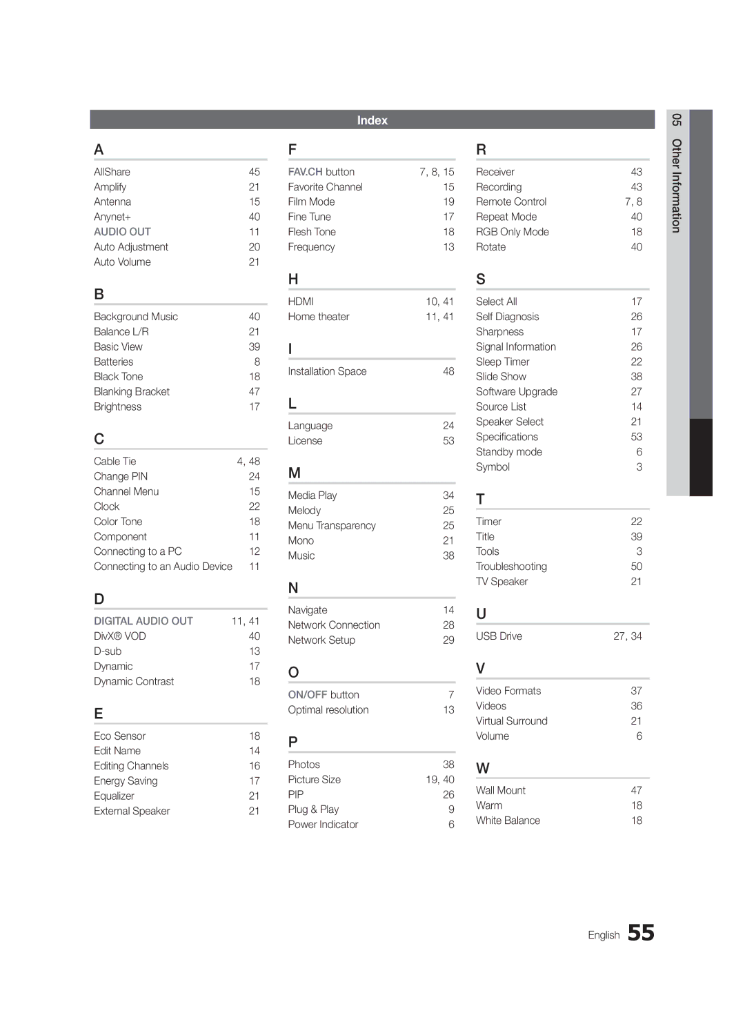 Samsung PN50C550 Index, AllShare Amplify Antenna Anynet+, Favorite Channel Film Mode Fine Tune Flesh Tone Frequency 