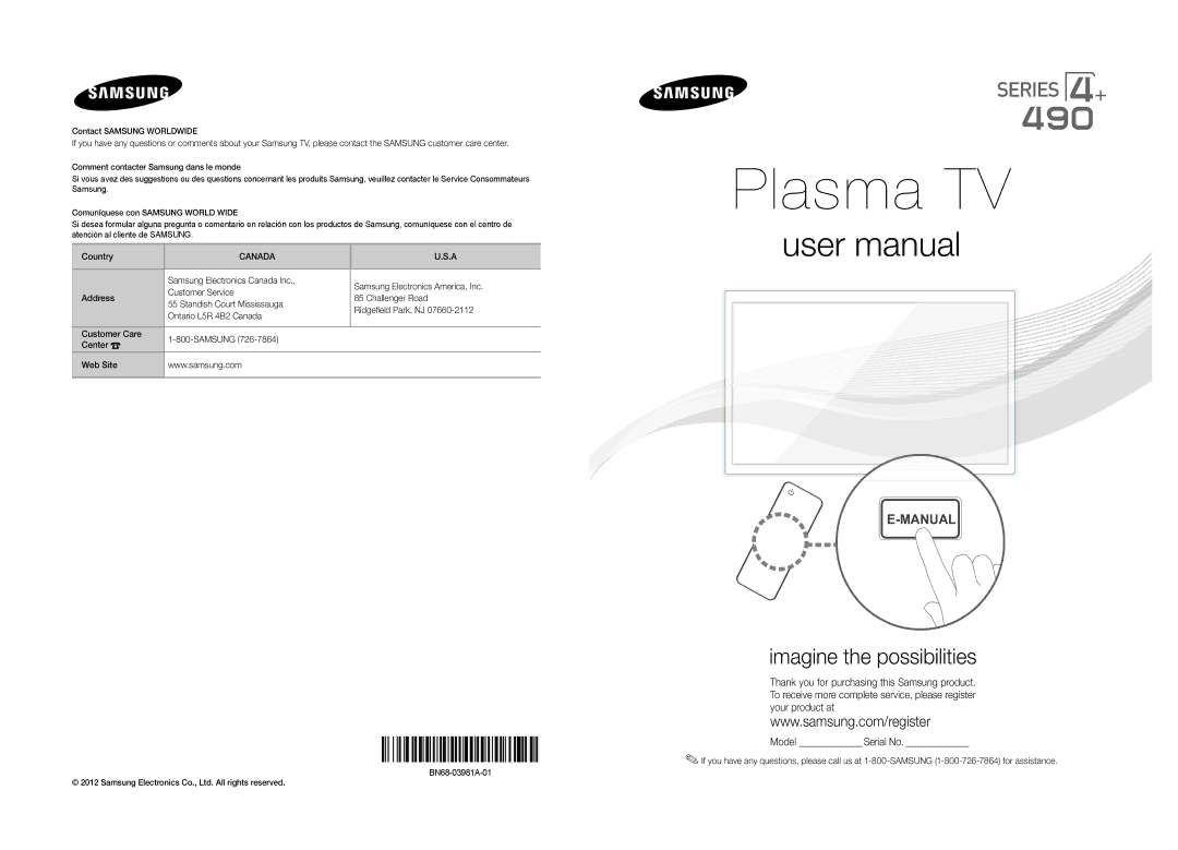 Samsung PN51E490B4FXZA user manual Country, Canada 