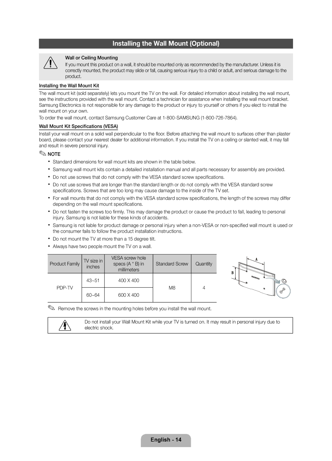 Samsung PN51E490B4FXZA user manual Installing the Wall Mount Optional, Vesa screw hole, 60~64 600 X 