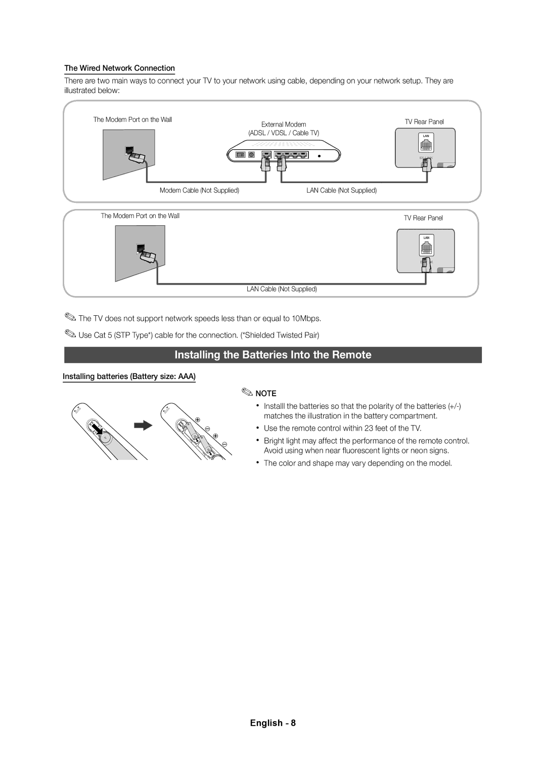 Samsung PN51E490B4FXZA user manual Installing the Batteries Into the Remote, Installing batteries Battery size AAA 