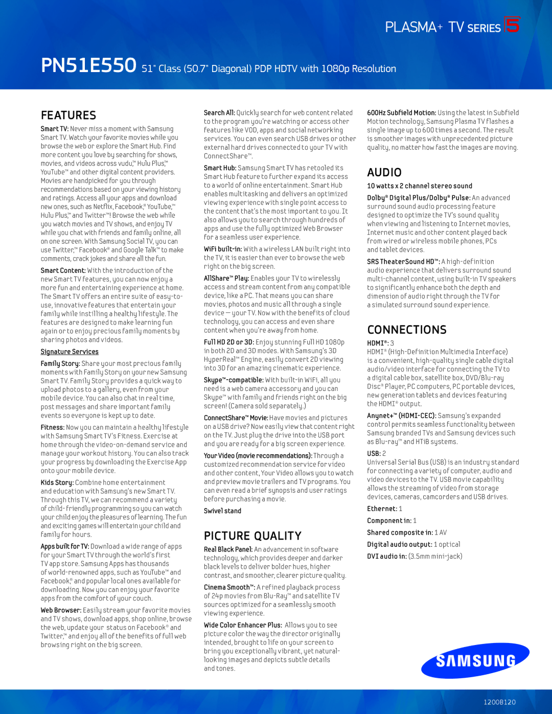 Samsung PN51E550 manual Features, Picture Quality, Audio, Connections 