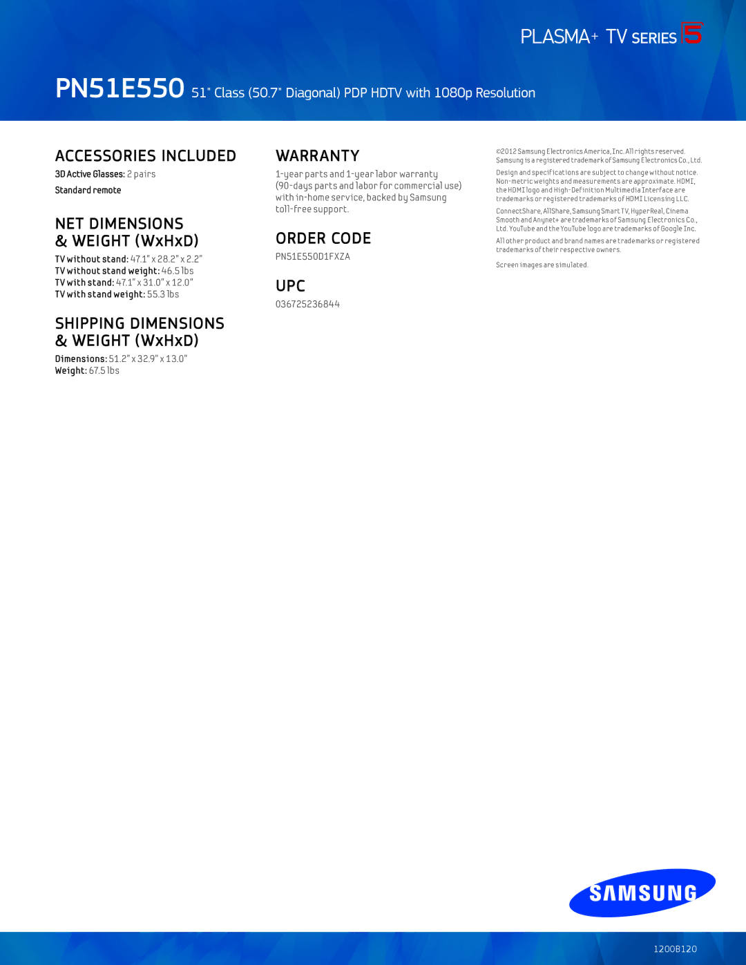 Samsung PN51E550 manual Warranty, Order Code, Upc 