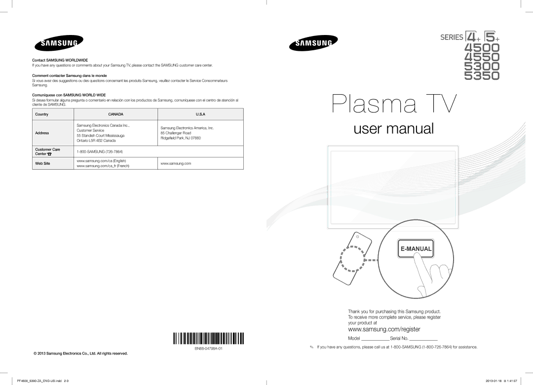 Samsung PN51F4500 user manual Canada, BN68-04798A-01 