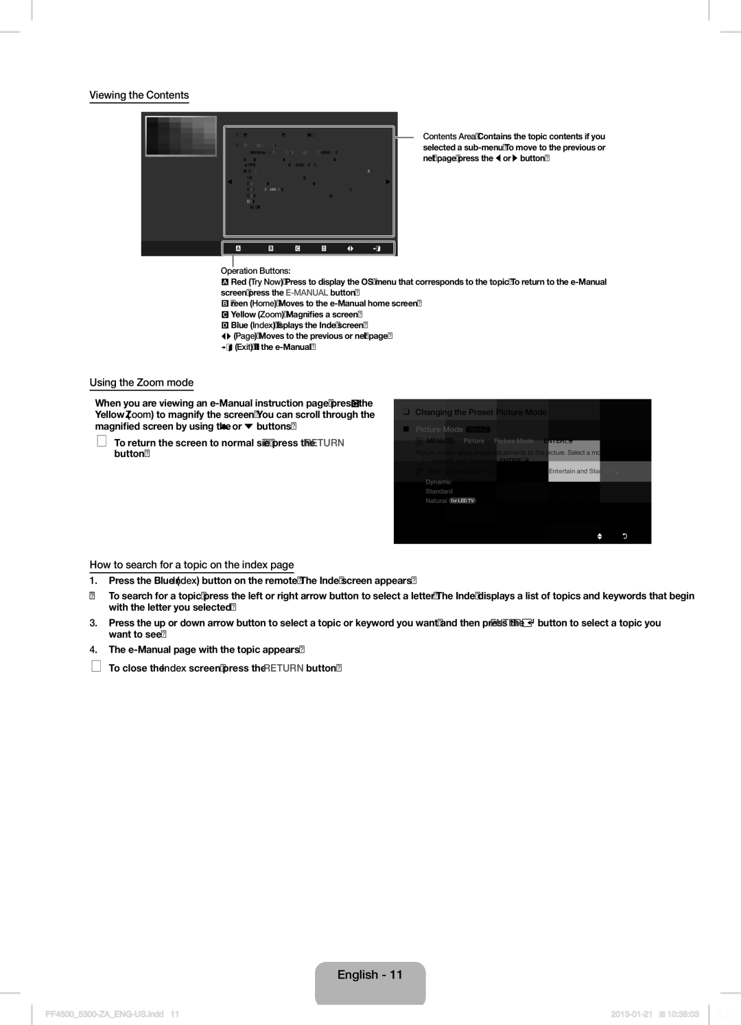 Samsung PN51F4500 user manual Viewing the Contents, Using the Zoom mode, How to search for a topic on the index 