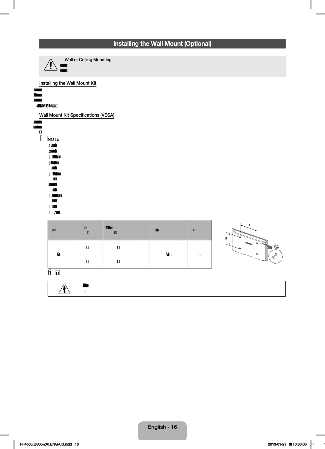 Samsung PN51F4500 Installing the Wall Mount Optional, Installing the Wall Mount Kit, Wall Mount Kit Specifications Vesa 