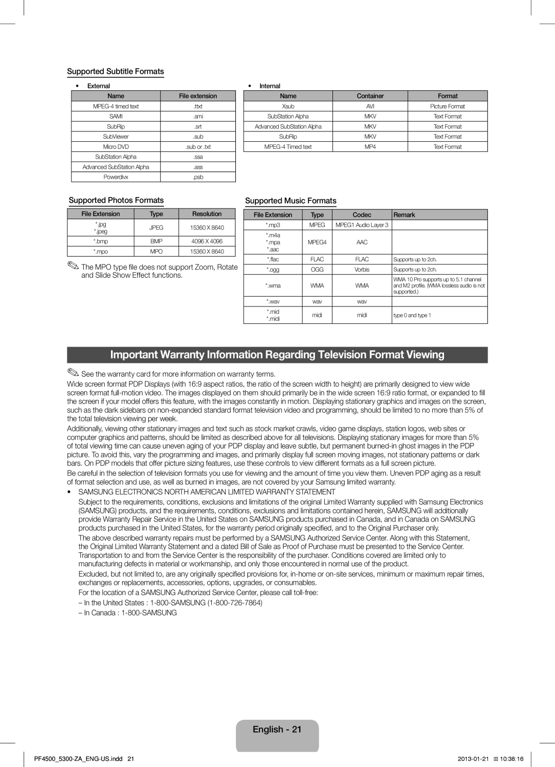 Samsung PN51F4500 user manual Supported Subtitle Formats, Supported Photos Formats, Supported Music Formats 