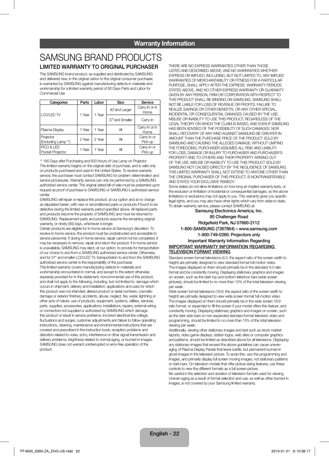 Samsung PN51F4500 user manual Warranty Information, Categories Parts Labor, Plasma Display, Pocket Projector 