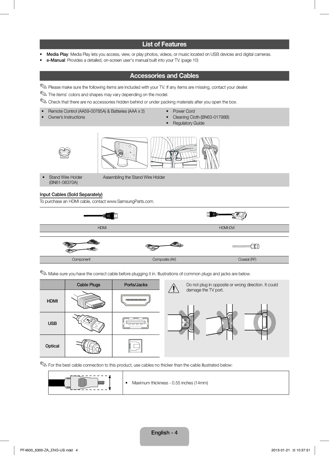 Samsung PN51F4500 user manual List of Features, Accessories and Cables, Input Cables Sold Separately 