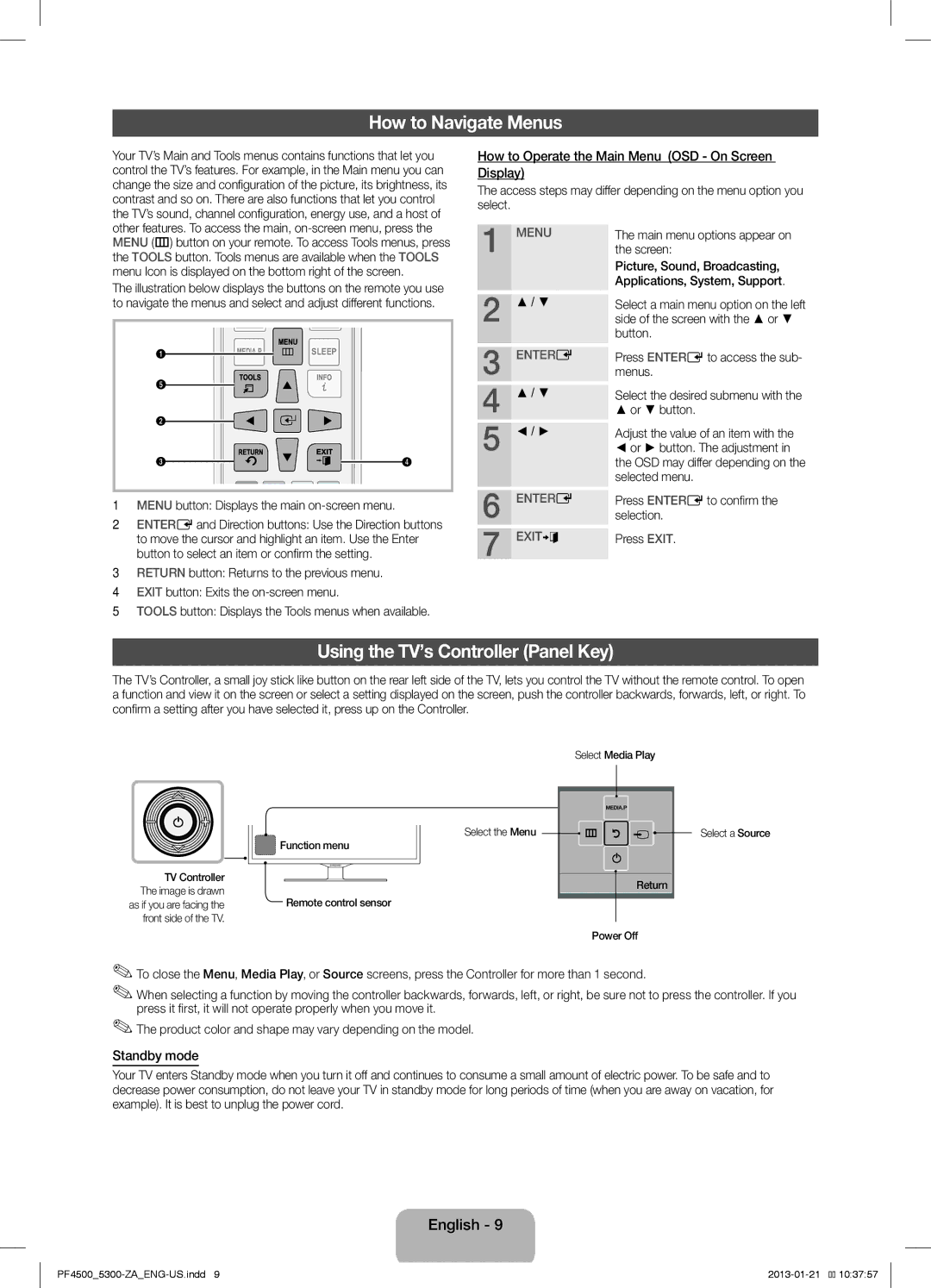 Samsung PN51F4500 user manual How to Navigate Menus, Using the TV’s Controller Panel Key, Standby mode 