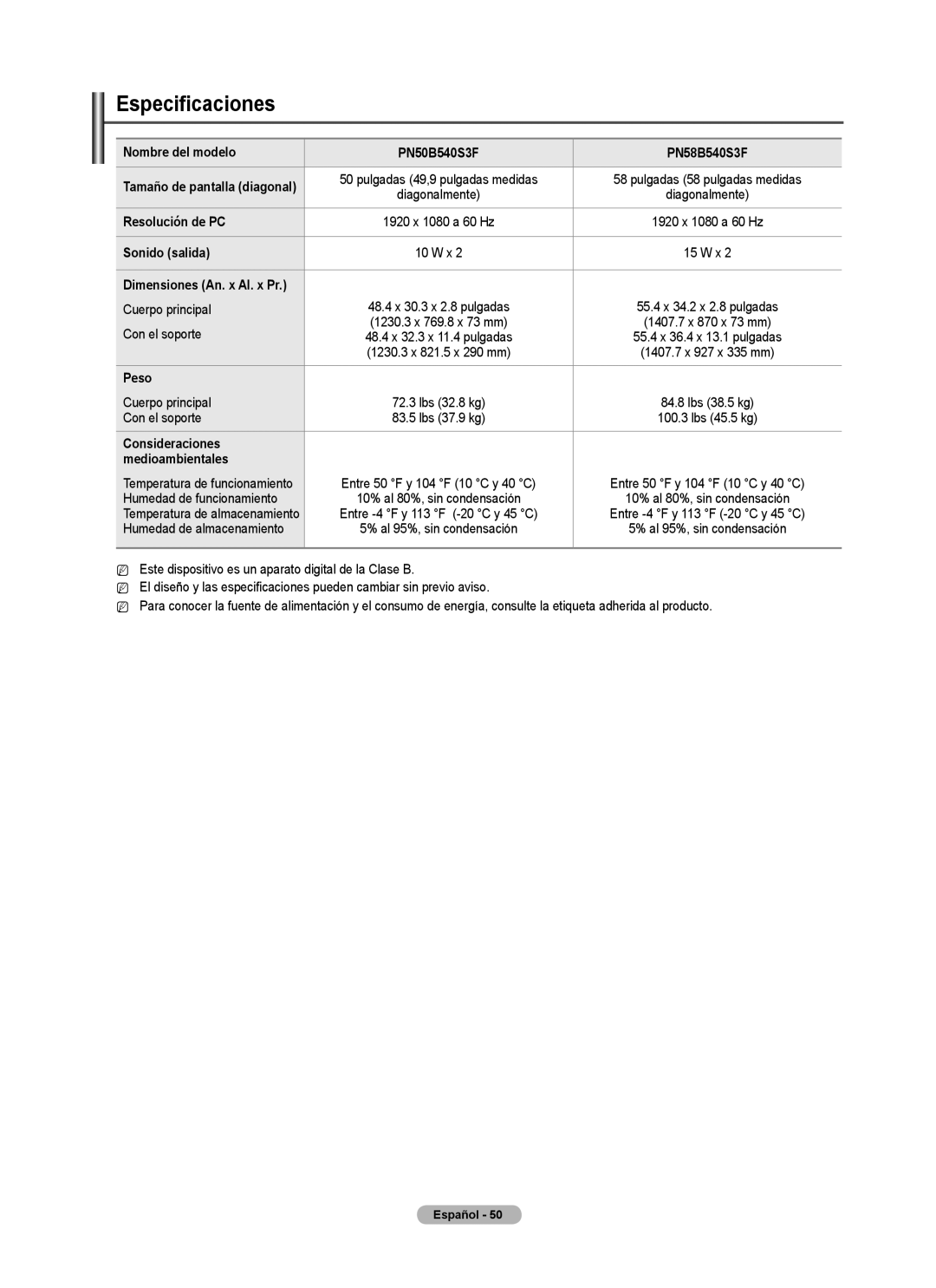 Samsung PN5B540SF user manual Especificaciones 