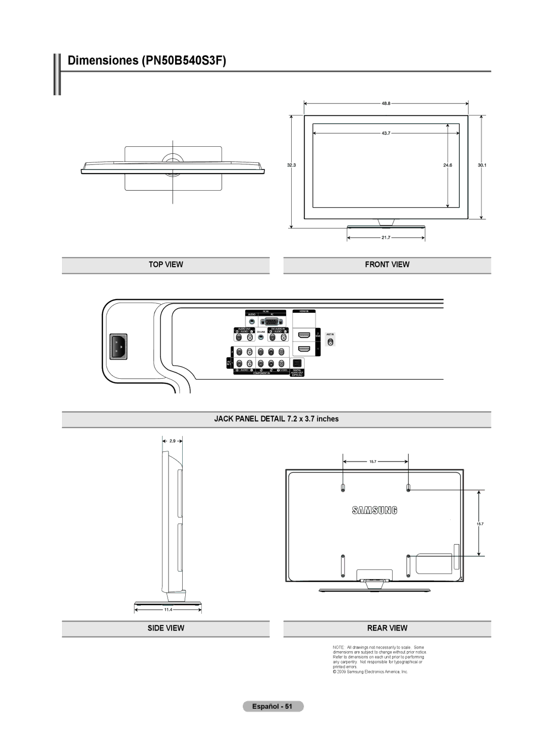 Samsung PN5B540SF user manual Dimensiones PN50B540S3F, Jack Panel Detail 7.2 x 3.7 inches 