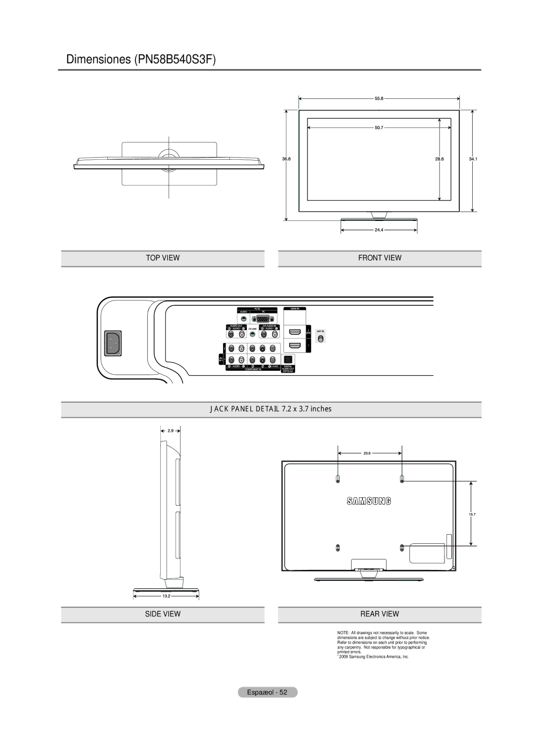 Samsung PN5B540SF user manual Dimensiones PN58B540S3F 