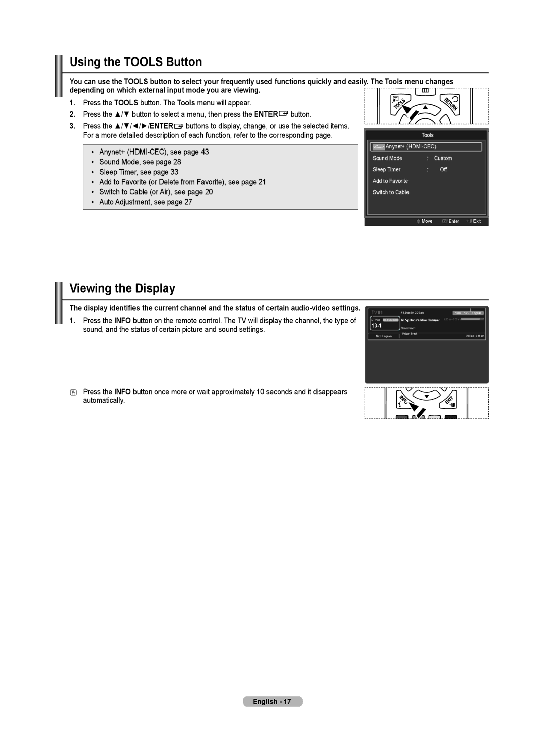 Samsung PN5B540SF user manual Using the Tools Button, Viewing the Display 