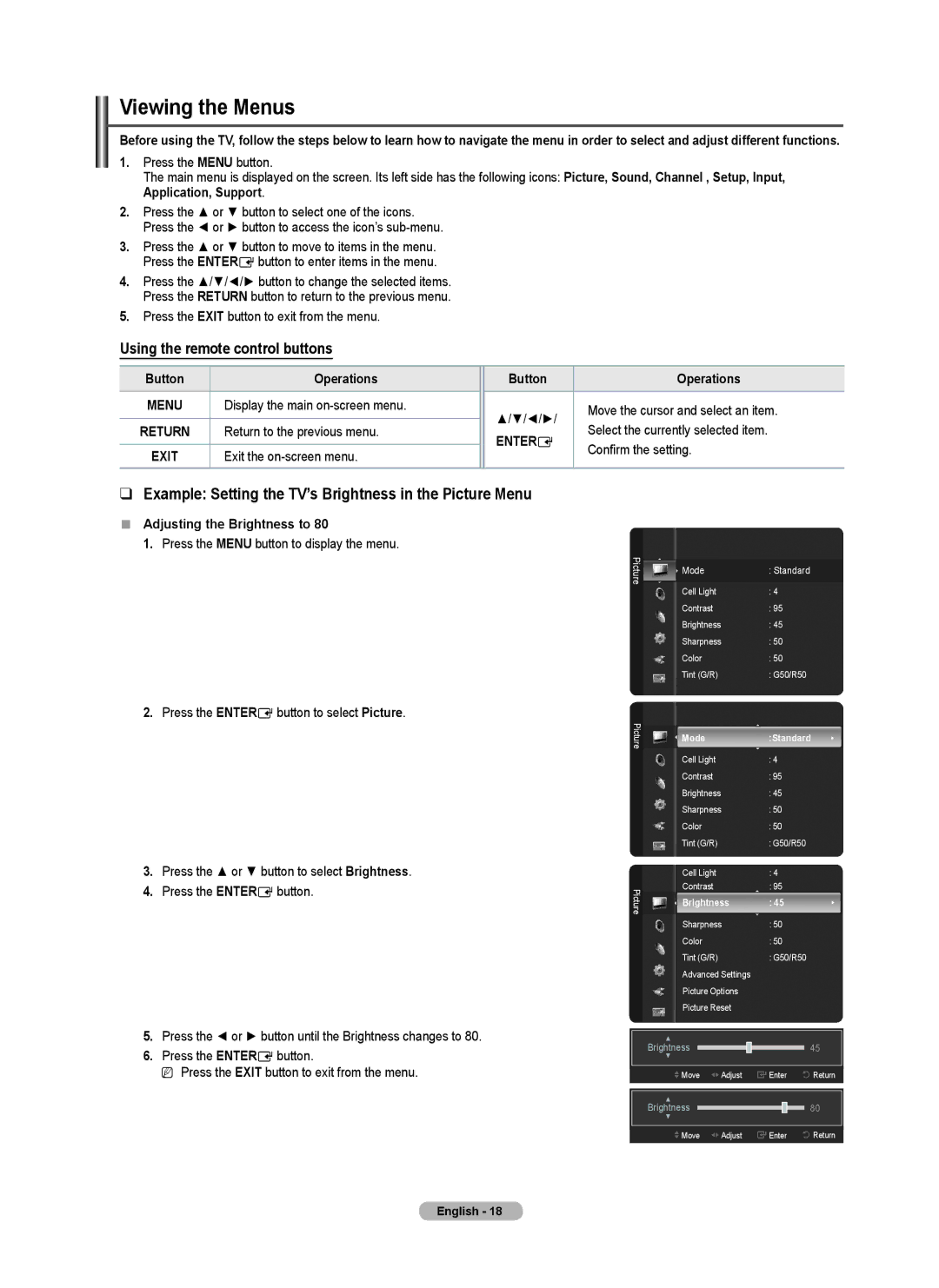 Samsung PN5B540SF user manual Viewing the Menus, Example Setting the TV’s Brightness in the Picture Menu, Button Operations 