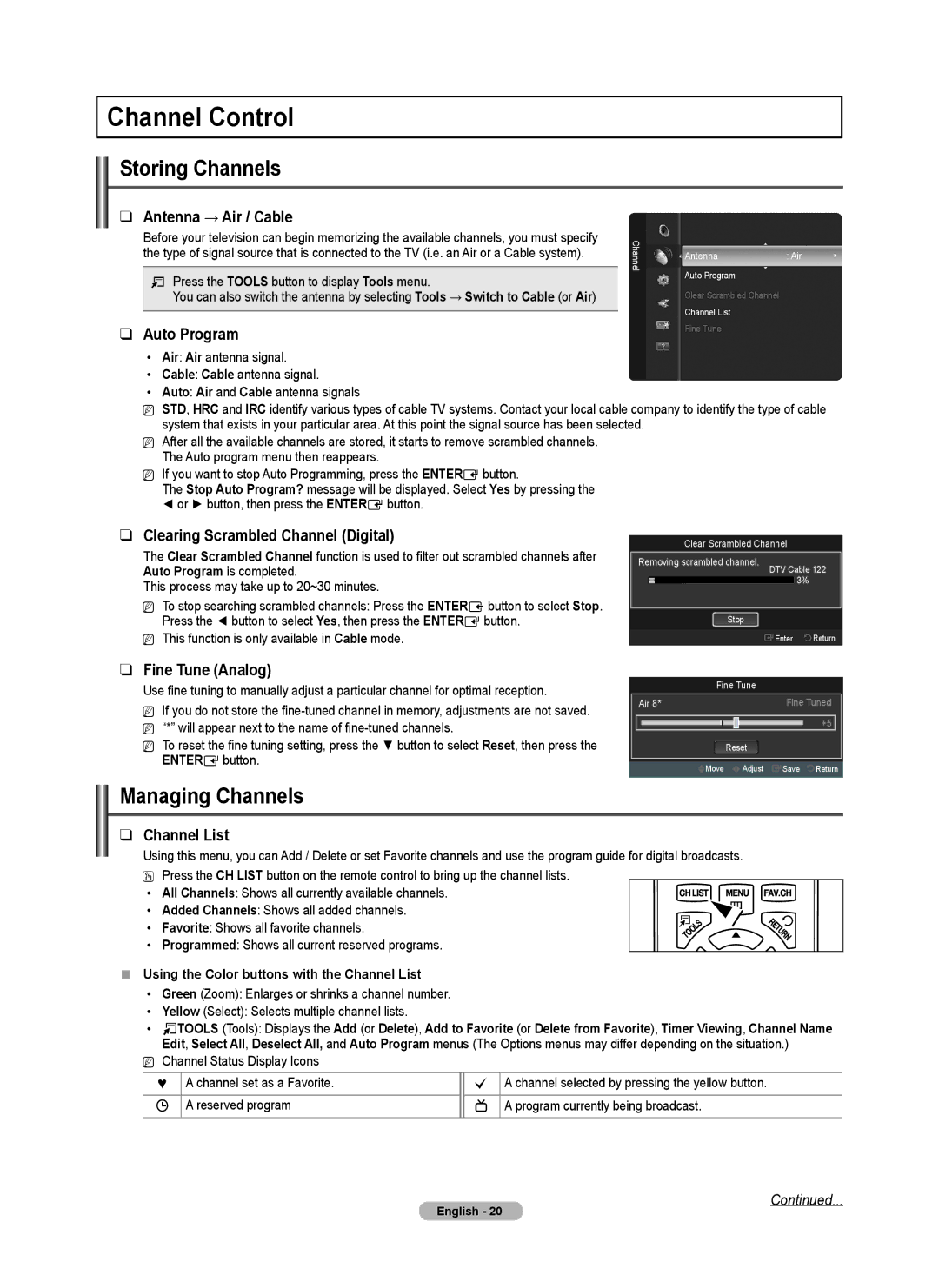 Samsung PN5B540SF user manual Channel Control, Storing Channels, Managing Channels 