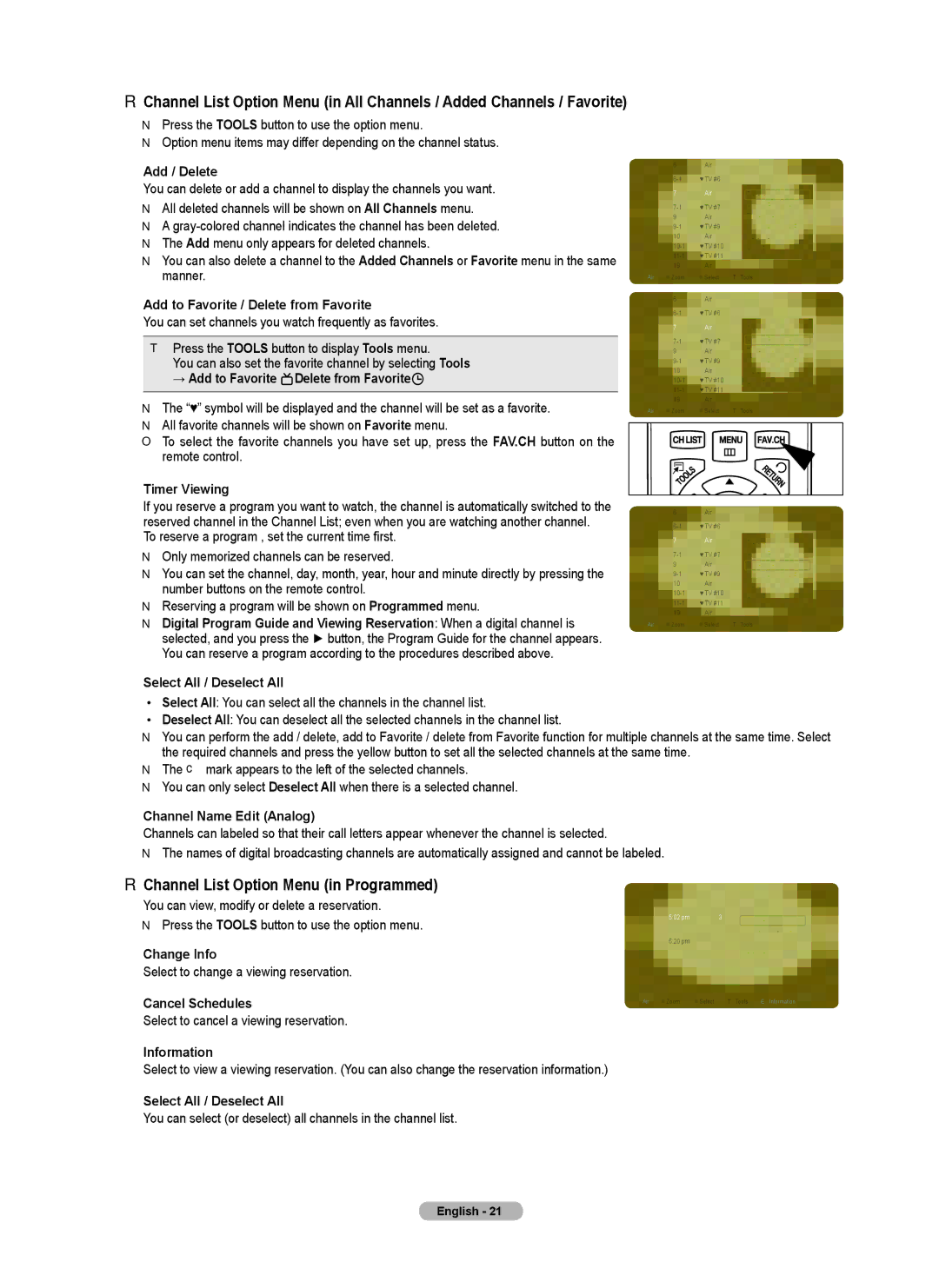 Samsung PN5B540SF user manual Channel List Option Menu in Programmed 