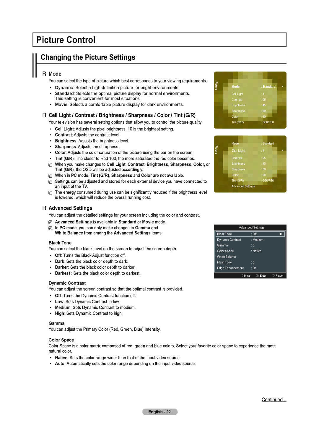 Samsung PN5B540SF user manual Picture Control, Changing the Picture Settings, Mode, Advanced Settings 