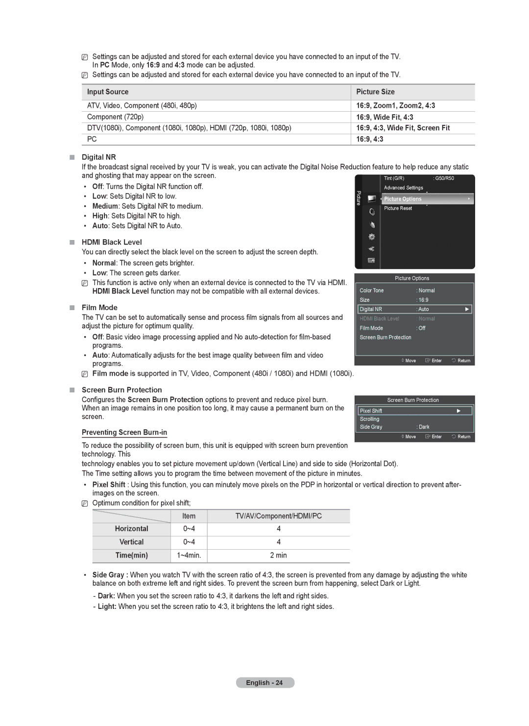 Samsung PN5B540SF user manual  Hdmi Black Level,  Film Mode,  Screen Burn Protection, Preventing Screen Burn-in 