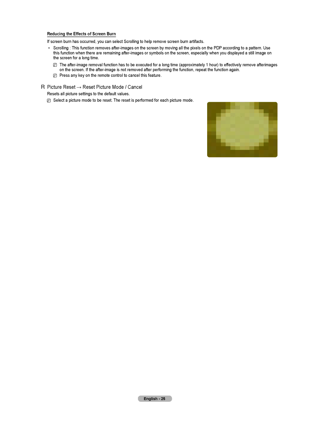 Samsung PN5B540SF user manual Picture Reset → Reset Picture Mode / Cancel, Reducing the Effects of Screen Burn 