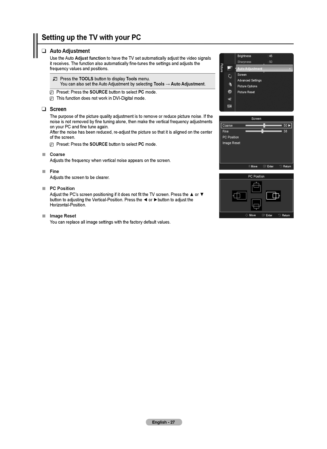 Samsung PN5B540SF user manual Setting up the TV with your PC, Auto Adjustment, Screen 