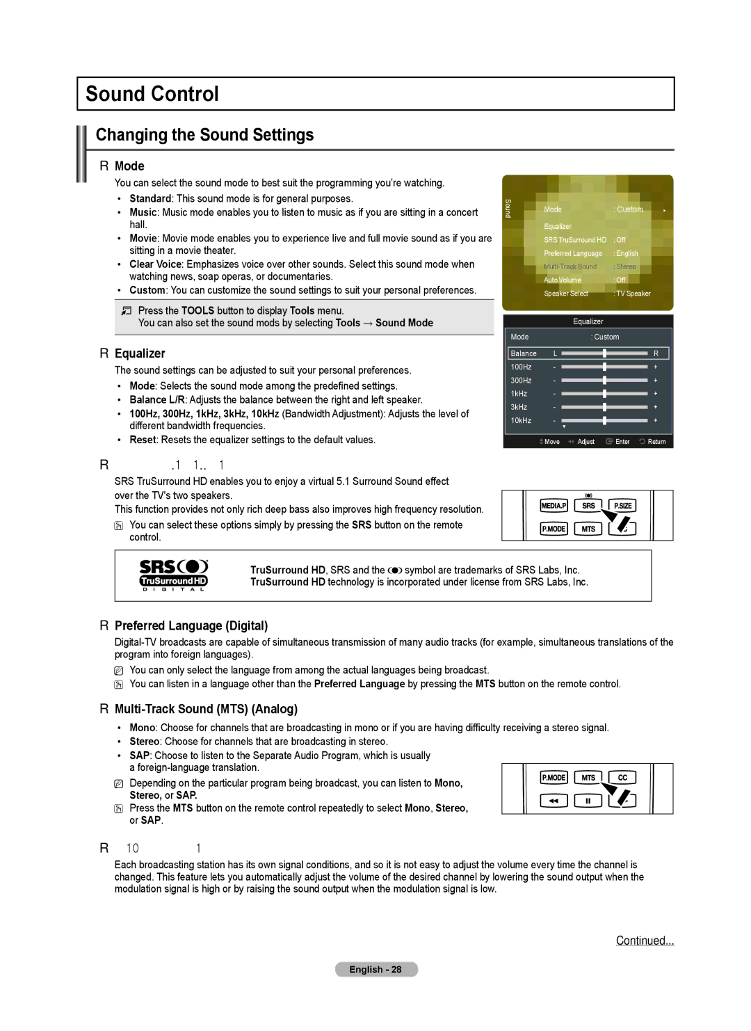 Samsung PN5B540SF user manual Sound Control, Changing the Sound Settings 