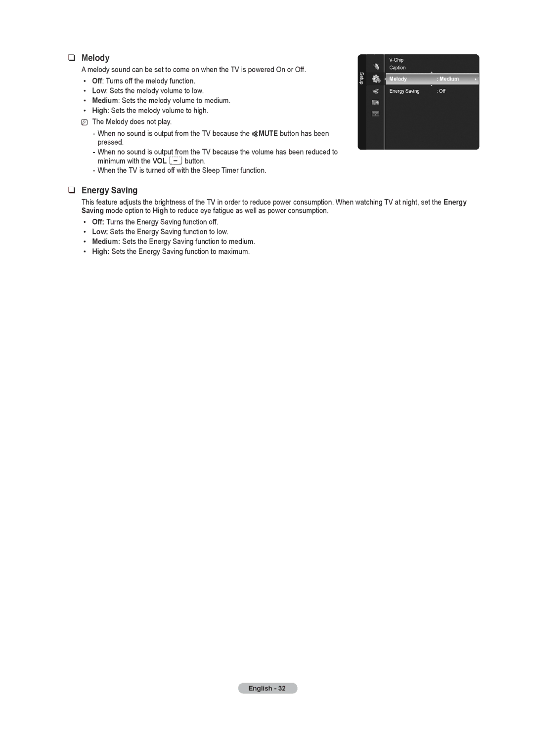 Samsung PN5B540SF user manual Melody, Energy Saving 