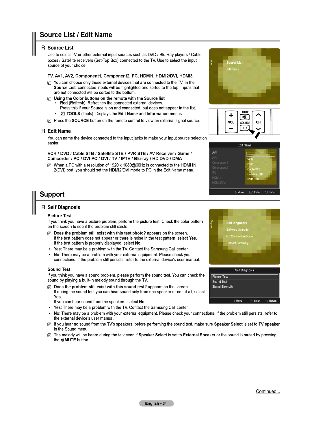 Samsung PN5B540SF user manual Source List / Edit Name, Support, Self Diagnosis 