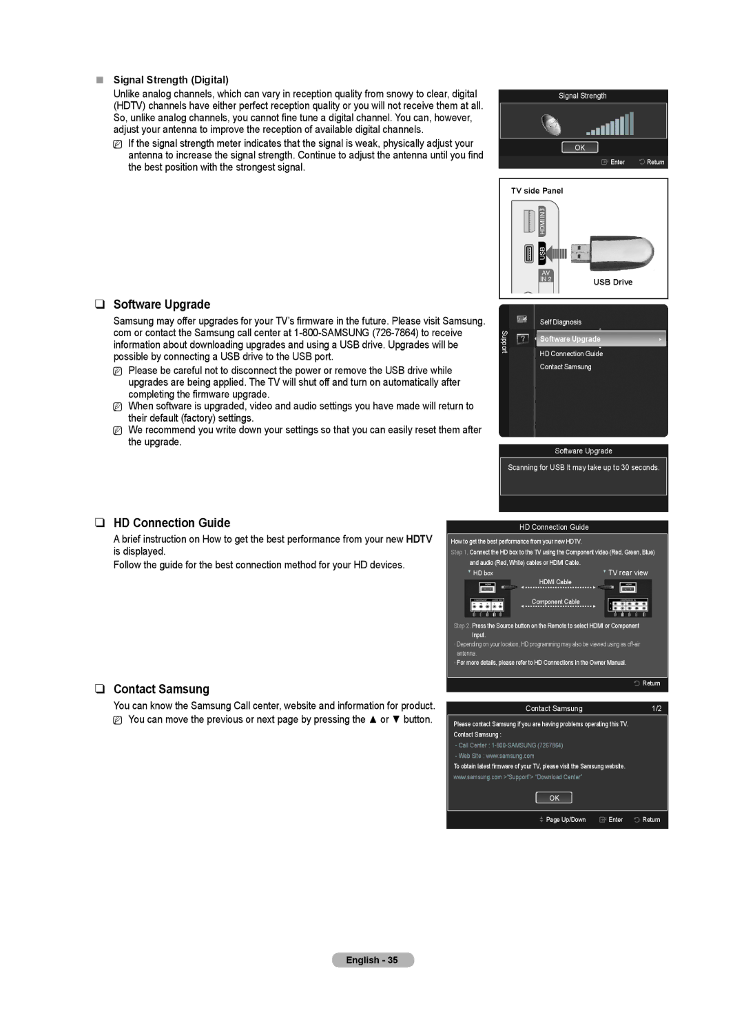 Samsung PN5B540SF user manual Software Upgrade, HD Connection Guide, Contact Samsung,  Signal Strength Digital 