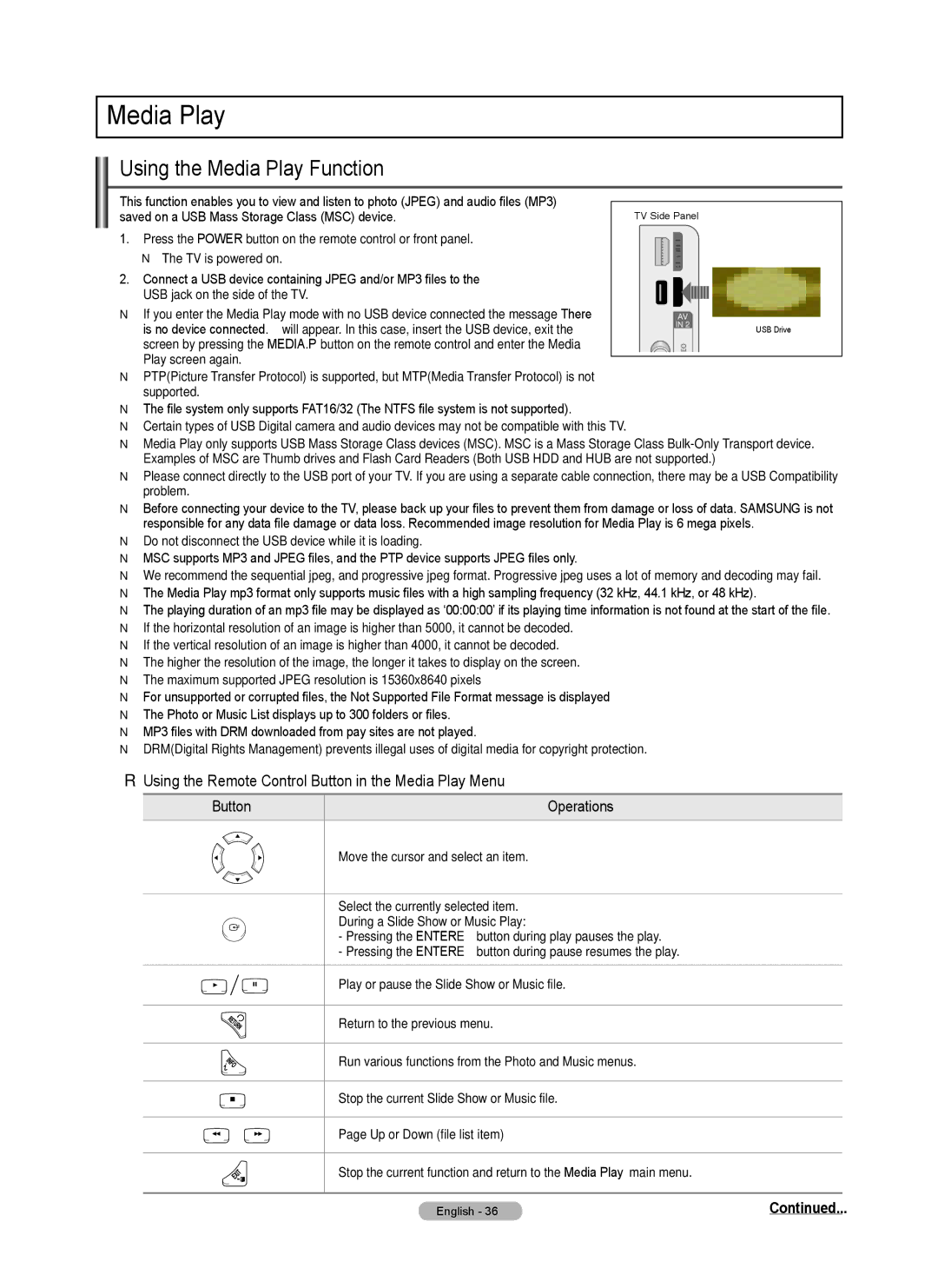 Samsung PN5B540SF user manual Using the Media Play Function, Using the Remote Control Button in the Media Play Menu 