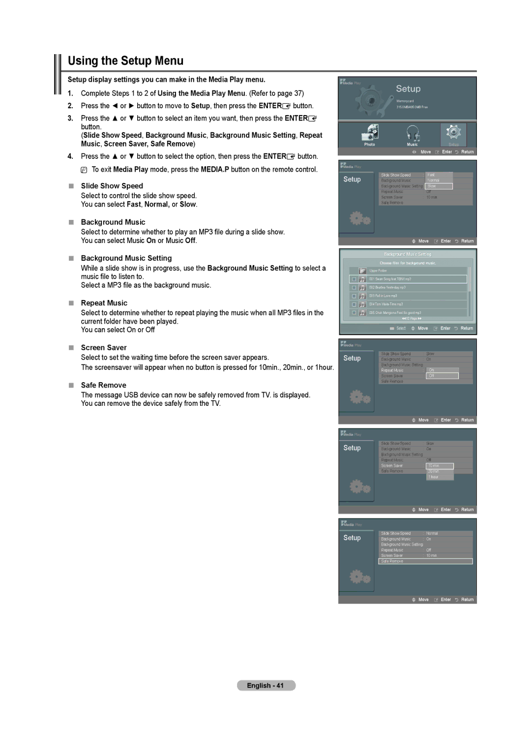 Samsung PN5B540SF Using the Setup Menu, Setup display settings you can make in the Media Play menu,  Screen Saver 