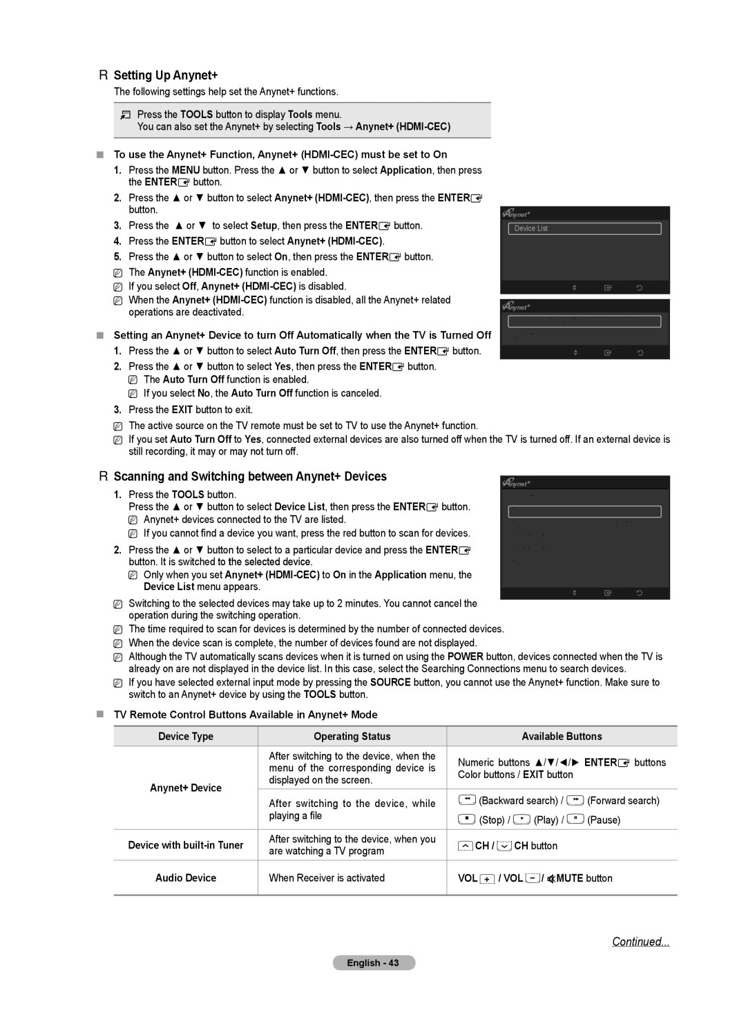 Samsung PN5B540SF user manual Setting Up Anynet+, Scanning and Switching between Anynet+ Devices 