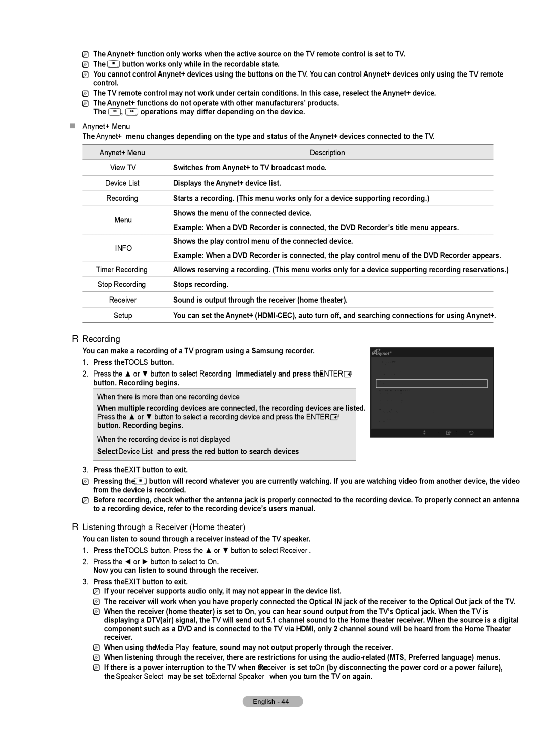 Samsung PN5B540SF user manual Recording, Listening through a Receiver Home theater 