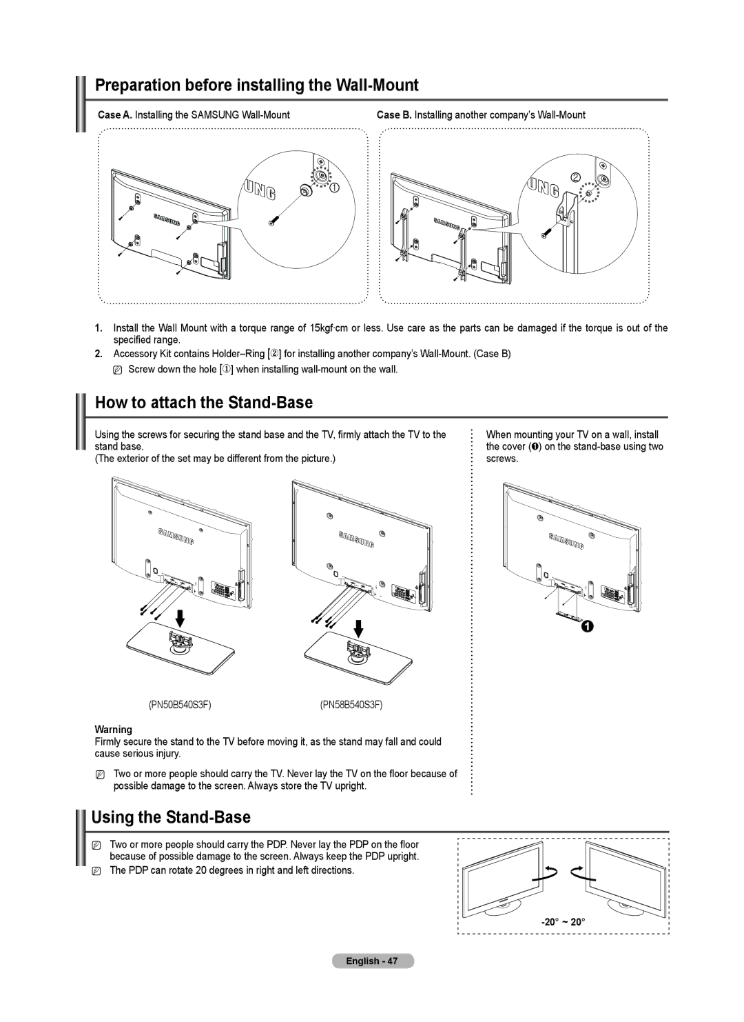 Samsung PN5B540SF Preparation before installing the Wall-Mount, How to attach the Stand-Base, Using the Stand-Base 