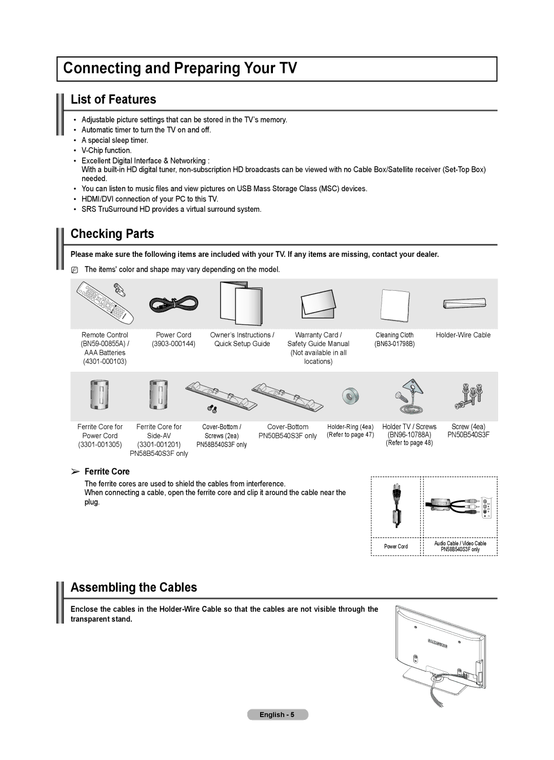 Samsung PN5B540SF user manual Connecting and Preparing Your TV, List of Features, Checking Parts, Assembling the Cables 