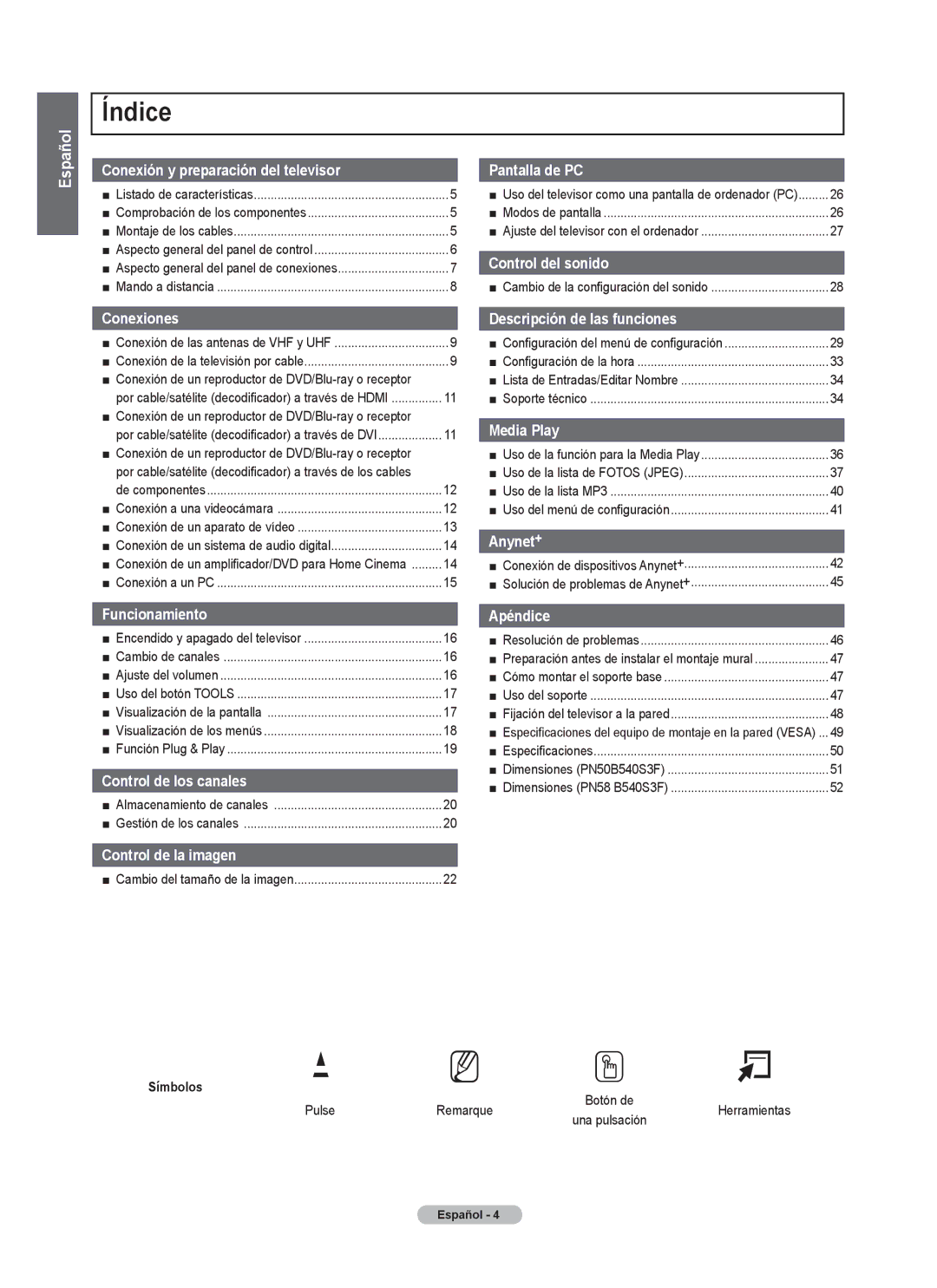 Samsung PN5B540SF user manual Índice, Conexión de un reproductor de DVD/Blu-ray o receptor, Símbolos, Pulse 